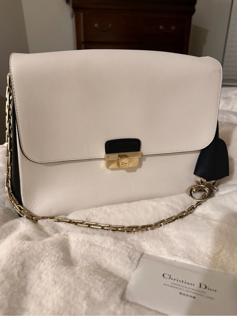 Dior Cream and Black Leather Shoulder Bag with Gold Chain
